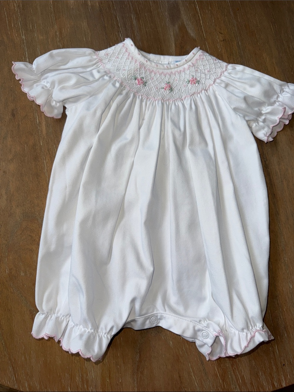 Luli & me White Baby Smocked Short-Sleeve Pajama Romper with Pink Trim 3M